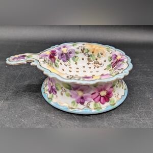 Vintage Hand Painted Floral Porcelain Teabag Holder With Under Plate
